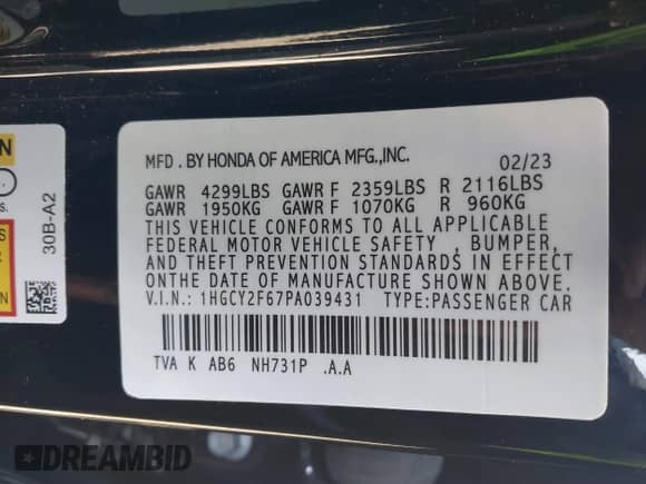 2023 Honda Accord EX-L with VIN 1HGCY2F67PA039431, listed as a IAAI auction lot 40734166 with 32,433 mi miles and . Bid and sale history available at DreamBid. Image 9.