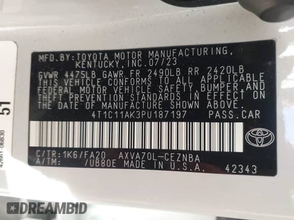 2023 Toyota Camry LE z VIN 4T1C11AK3PU187197, wystawiony jako IAAI lot #43443006 z przebiegiem 45 944 mil mil oraz . Historia ofert i sprzedaży dostępna na DreamBid. Obrazek 9.