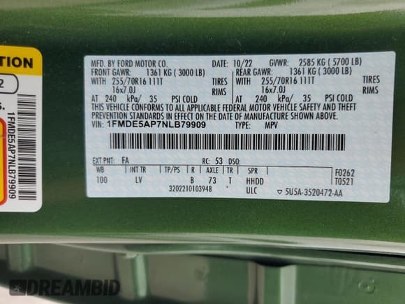 ✅ 2022 Ford Bronco • VIN: 1FMDE5AP7NLB79909 • Lot: 70059645. Listed on Copart with 16,383 mi. Free auction sales archive from the USA and detailed vehicle history report at DreamBid. Image 13.