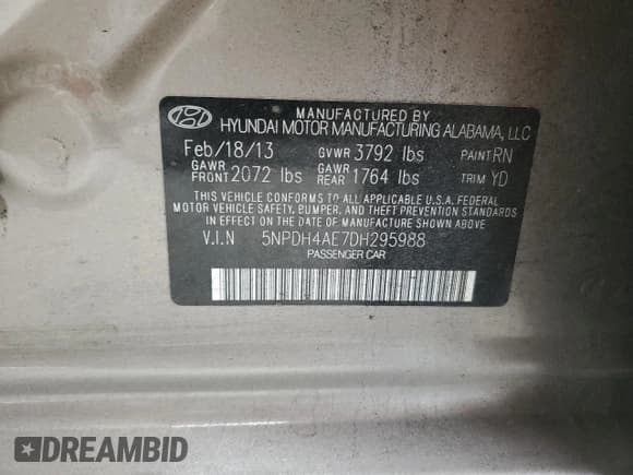 ✅ 2013 Hyundai Elantra Limited • VIN: 5NPDH4AE7DH295988 • Lot: 82532825. Listed on Copart with 178,671 mi. Free auction sales archive from the USA and detailed vehicle history report at DreamBid. Image 12.