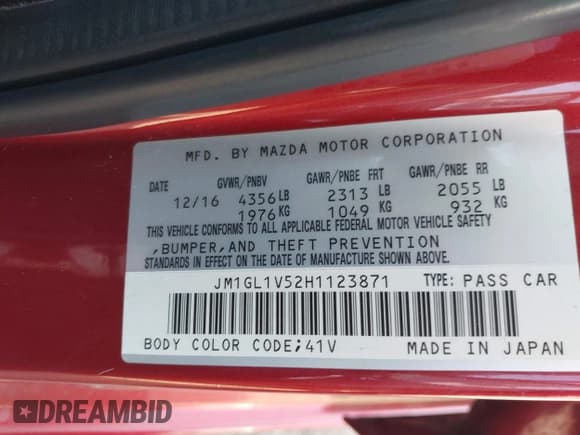 ✅ 2017 Mazda 6 Touring • VIN: JM1GL1V52H1123871 • Lot: 43298796. Listed on IAAI with 123,733 mi. Free auction sales archive from the USA and detailed vehicle history report at DreamBid. Image 9.