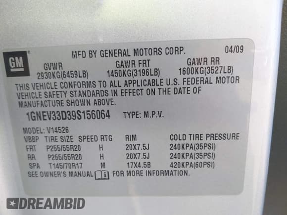 ✅ 2009 Chevrolet Traverse LTZ • VIN: 1GNEV33D39S156064 • Лот: 43150802. Опубликован ранее на IAAI с пробегом 251 941 миль. Бесплатный доступ к архиву аукционных продаж из США и подробный отчёт об истории автомобиля на DreamBid. Изображение 9.