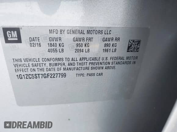 2016 Chevrolet Malibu LS with VIN 1G1ZC5ST7GF227799, listed as a IAAI auction lot 43446971 with 60,585 mi miles and . Bid and sale history available at DreamBid. Image 9.