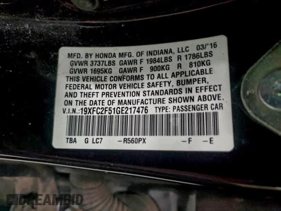 ✅ 2016 Honda Civic LX • VIN: 19XFC2F51GE217476 • Лот: 94481505. Опубликован ранее на Copart с пробегом 125 033 миль. Бесплатный доступ к архиву аукционных продаж из США и подробный отчёт об истории автомобиля на DreamBid. Изображение 12.