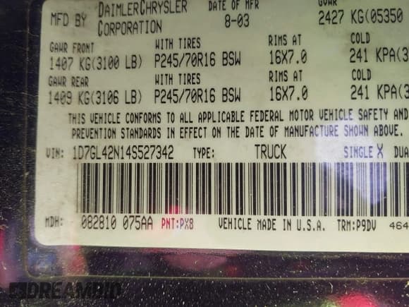 ✅ 2004 Dodge Dakota SLT • VIN: 1D7GL42N14S527342 • Lot: 42081956. Listed on IAAI with 165,157 mi. Free auction sales archive from the USA and detailed vehicle history report at DreamBid. Image 9.