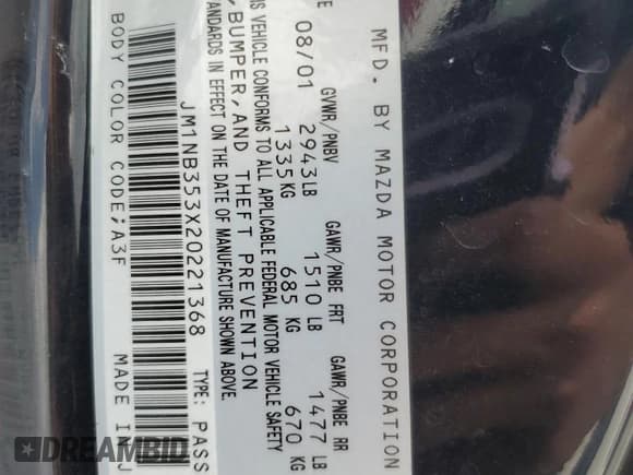 ✅ 2002 Mazda MX-5 Miata Cloth • VIN: JM1NB353X20221368 • Lot: 68927484. Wystawiony na Copart z przebiegiem 127 242 mil. Bezpłatny archiwum sprzedaży aukcyjnych z USA i szczegółowy raport historii pojazdu na DreamBid. Zdjęcie 12.