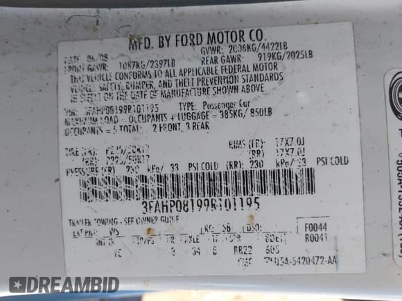 ✅ 2009 Ford Fusion SEL • VIN: 3FAHP08199R101195 • Lot: 43354263. Listed on IAAI with Not provided. Free auction sales archive from the USA and detailed vehicle history report at DreamBid. Image 9.