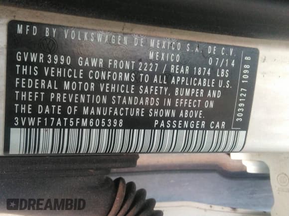 ✅ 2015 Volkswagen Beetle Fleet Edition • VIN: 3VWF17AT5FM605398 • Lot: 42695060. Listed on IAAI with 116,199 mi. Free auction sales archive from the USA and detailed vehicle history report at DreamBid. Image 9.