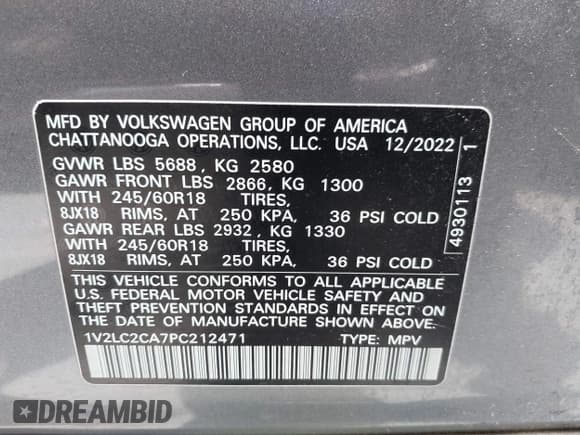 ✅ 2023 Volkswagen Atlas SE • VIN: 1V2LC2CA7PC212471 • Lot: 42422043. Listed on IAAI with 24,495 mi. Free auction sales archive from the USA and detailed vehicle history report at DreamBid. Image 9.