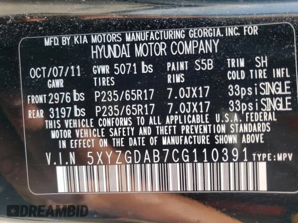 ✅ 2012 Hyundai Santa Fe GLS • VIN: 5XYZGDAB7CG110391 • Lot: 65414174. Listed on Copart with 149,298 mi. Free auction sales archive from the USA and detailed vehicle history report at DreamBid. Image 15.