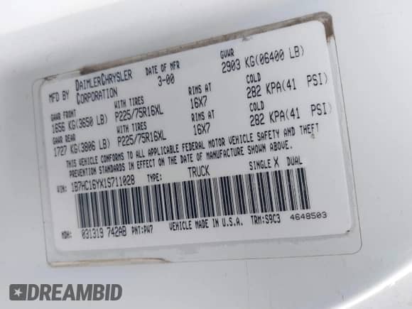 2001 Dodge 1500 with VIN 1B7HC16YX1S711028, listed as a IAAI auction lot 40687353 with Not provided miles and . Bid and sale history available at DreamBid. Image 9.