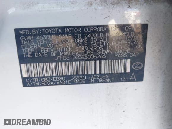 ✅ 2014 Lexus IS 350 • VIN: JTHBE1D25E5006266 • Lot: 42563080. Listed on IAAI with 142,144 mi. Free auction sales archive from the USA and detailed vehicle history report at DreamBid. Image 9.