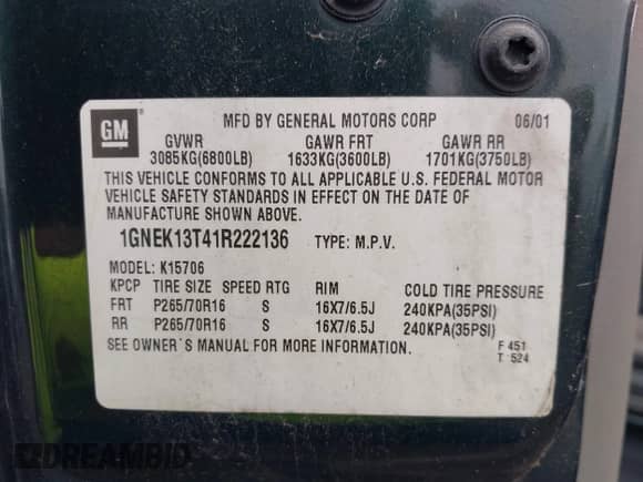 2001 Chevrolet Tahoe LT с VIN 1GNEK13T41R222136, выставлен на аукционе IAAI как лот 42523979 с пробегом Не указан миль и . История ставок и продаж доступна на DreamBid. Изображение 9.