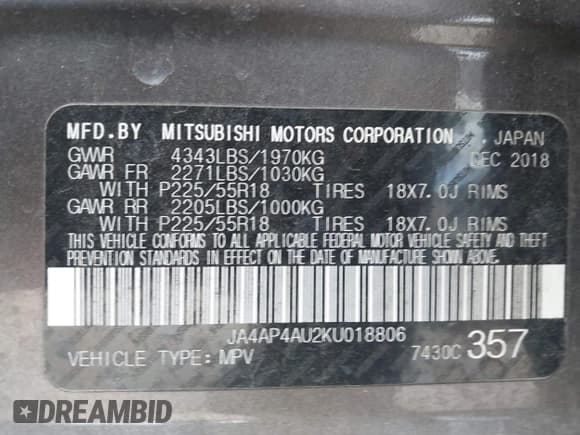 ✅ 2019 Mitsubishi Outlander SE • VIN: JA4AP4AU2KU018806 • Lot: 43280078. Wystawiony na IAAI z przebiegiem 128 521 mil. Bezpłatny archiwum sprzedaży aukcyjnych z USA i szczegółowy raport historii pojazdu na DreamBid. Zdjęcie 9.