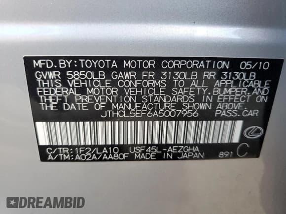 ✅ 2010 Lexus LS 460 • VIN: JTHCL5EF6A5007956 • Lot: 80107755. Listed on Copart with 105,661 mi. Free auction sales archive from the USA and detailed vehicle history report at DreamBid. Image 12.