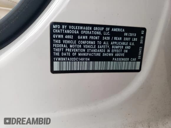 ✅ 2013 Volkswagen Passat SE • VIN: 1VWBN7A32DC149104 • Лот: 63322075. Опубликован ранее на Copart с пробегом 78 286 миль. Бесплатный доступ к архиву аукционных продаж из США и подробный отчёт об истории автомобиля на DreamBid. Изображение 12.