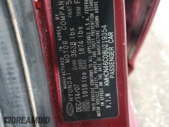 2008 Hyundai Accent GLS z VIN KMHCN46C08U219354, wystawiony jako Copart lot #73059834 z przebiegiem 252 252 mil mil oraz Szkoda całkowita • Salvage title. Historia ofert i sprzedaży dostępna na DreamBid. Obrazek 13.