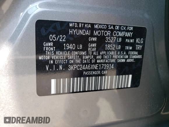 2022 Hyundai Accent SEL with VIN 3KPC24A6XNE173914, listed as a Copart auction lot 55882903 with 23,100 mi miles and . Bid and sale history available at DreamBid. Image 12.