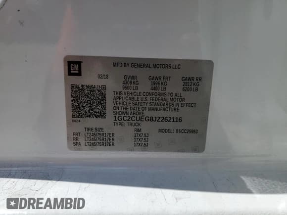 ✅ 2018 Chevrolet Silverado 2500HD Work Truck • VIN: 1GC2CUEG8JZ262116 • Lot: 84633705. Wystawiony na Copart z przebiegiem Nie podano. Bezpłatny archiwum sprzedaży aukcyjnych z USA i szczegółowy raport historii pojazdu na DreamBid. Zdjęcie 12.