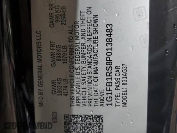 2023 Chevrolet Camaro 1LT с VIN 1G1FB1RS8P0138483, выставлен на аукционе Copart как лот 64937895 с пробегом 40 384 миль миль и Списание • Salvage title. История ставок и продаж доступна на DreamBid. Изображение 12.