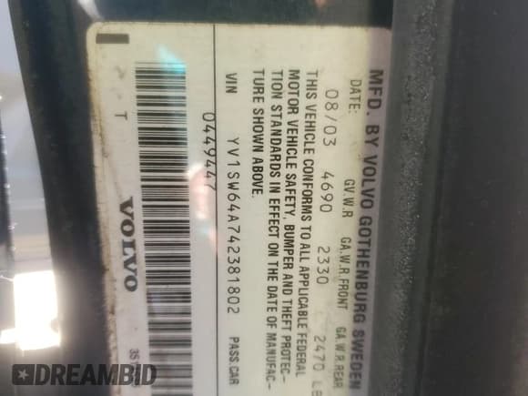 ✅ 2004 Volvo V70 • VIN: YV1SW64A742381802 • Lot: 85273405. Listed on Copart with 117,246 mi. Free auction sales archive from the USA and detailed vehicle history report at DreamBid. Image 13.