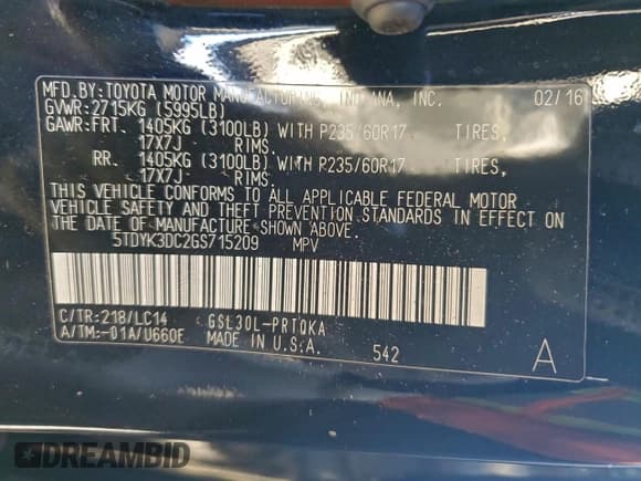 ✅ 2016 Toyota Sienna XLE • VIN: 5TDYK3DC2GS715209 • Lot: 95060385. Listed on Copart with 95,035 mi. Free auction sales archive from the USA and detailed vehicle history report at DreamBid. Image 13.