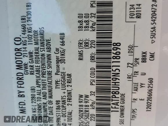 ✅ 2022 Ford Mustang EcoBoost Premium • VIN: 1FATP8UH9N5118698 • Lot: 82469805. Listed on Copart with 70,636 mi. Free auction sales archive from the USA and detailed vehicle history report at DreamBid. Image 12.