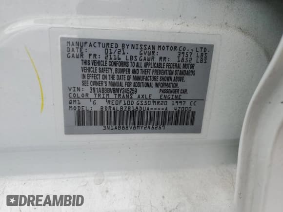 ✅ 2021 Nissan Sentra S • VIN: 3N1AB8BV8MY245259 • Lot: 89858185. Wystawiony na Copart z przebiegiem 62 173 mil. Bezpłatny archiwum sprzedaży aukcyjnych z USA i szczegółowy raport historii pojazdu na DreamBid. Zdjęcie 12.