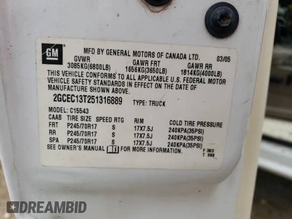 2005 Chevrolet Silverado 1500 LS с VIN 2GCEC13T251316889, выставлен на аукционе Copart как лот 69177624 с пробегом Не указан миль и Списание • Salvage title. История ставок и продаж доступна на DreamBid. Изображение 12.