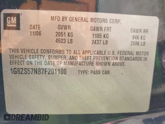 ✅ 2007 Saturn Aura XE • VIN: 1G8ZS57N87F201100 • Lot: 43843808. Listed on IAAI with 194,806 mi. Free auction sales archive from the USA and detailed vehicle history report at DreamBid. Image 9.