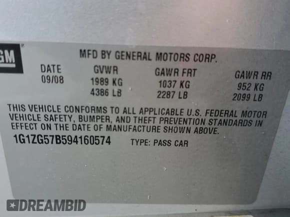 ✅ 2009 Chevrolet Malibu 1FL • VIN: 1G1ZG57B594160574 • Lot: 62818384. Listed on Copart with 191,579 mi. Free auction sales archive from the USA and detailed vehicle history report at DreamBid. Image 14.