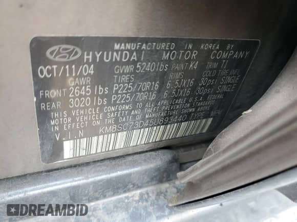2005 Hyundai Santa Fe GLS с VIN KM8SC73D45U893440, выставлен на аукционе Copart как лот 54064965 с пробегом 195 826 миль миль и Чистый • Clean title. История ставок и продаж доступна на DreamBid. Изображение 13.