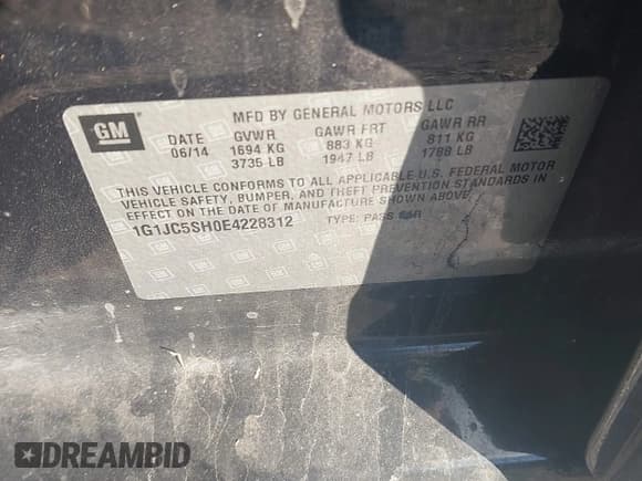 ✅ 2014 Chevrolet Sonic LT • VIN: 1G1JC5SH0E4228312 • Lot: 43579562. Listed on IAAI with 136,210 mi. Free auction sales archive from the USA and detailed vehicle history report at DreamBid. Image 9.