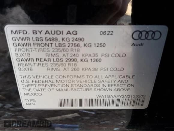✅ 2022 Audi Q5 S line Premium • VIN: WA1GAAFY2N2135209 • Lot: 93120605. Wystawiony na Copart z przebiegiem 40 192 mil. Bezpłatny archiwum sprzedaży aukcyjnych z USA i szczegółowy raport historii pojazdu na DreamBid. Zdjęcie 14.
