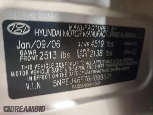 ✅ 2006 Hyundai Sonata GLS • VIN: 5NPEU46F76H099571 • Лот: 82121144. Опубликован ранее на Copart с пробегом 64 751 миль. Бесплатный доступ к архиву аукционных продаж из США и подробный отчёт об истории автомобиля на DreamBid. Изображение 13.