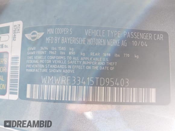 ✅ 2005 MINI Hardtop S • VIN: WMWRE33415TD95403 • Lot: 43348950. Listed on IAAI with 44,224 mi. Free auction sales archive from the USA and detailed vehicle history report at DreamBid. Image 9.