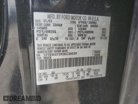 ✅ 2003 Ford F-150 Harley-Davidson • VIN: 1FTRW07393KC28559 • Lot: 55201835. Listed on Copart with 139,288 mi. Free auction sales archive from the USA and detailed vehicle history report at DreamBid. Image 12.
