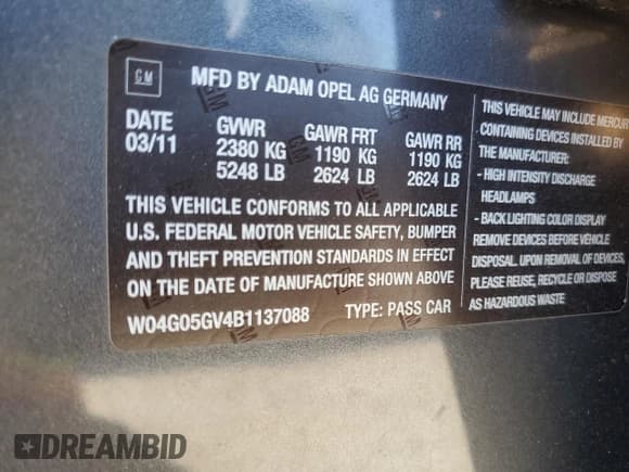 ✅ 2011 Buick Regal CXL Turbo TO6 • VIN: W04G05GV4B1137088 • Lot: 86337965. Listed on Copart with 111,129 mi. Free auction sales archive from the USA and detailed vehicle history report at DreamBid. Image 10.