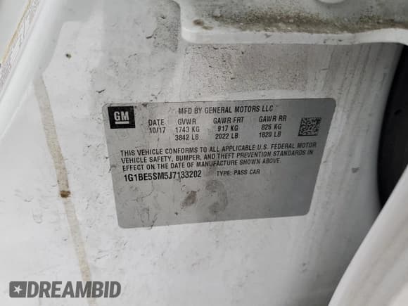 ✅ 2018 Chevrolet Cruze LT • VIN: 1G1BE5SM5J7133202 • Lot: 72399642. Listed on Copart with 51,142 mi. Free auction sales archive from the USA and detailed vehicle history report at DreamBid. Image 12.