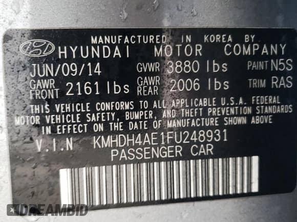 2015 Hyundai Elantra SE с VIN KMHDH4AE1FU248931, выставлен на аукционе Copart как лот 90270145 с пробегом Не указан миль и Списание • Salvage title. История ставок и продаж доступна на DreamBid. Изображение 12.