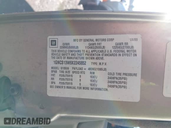 1999 Chevrolet Blazer Trailblazer with VIN 1GNCS13W9X2245852, listed as a IAAI auction lot 41451063 with Not provided miles and . Bid and sale history available at DreamBid. Image 9.