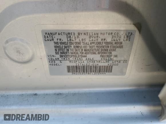 ✅ 2014 Nissan Note S Plus • VIN: 3N1CE2CP8EL372444 • Lot: 60837075. Listed on Copart with 107,149 mi. Free auction sales archive from the USA and detailed vehicle history report at DreamBid. Image 12.