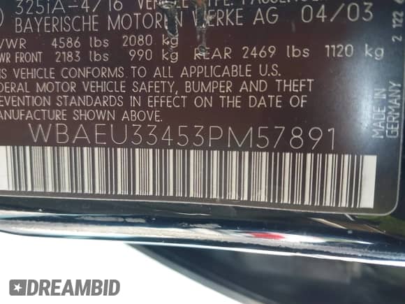 2003 BMW 3 Series 325xi с VIN WBAEU33453PM57891, выставлен на аукционе IAAI как лот 43202381 с пробегом 222 410 миль миль и . История ставок и продаж доступна на DreamBid. Изображение 9.