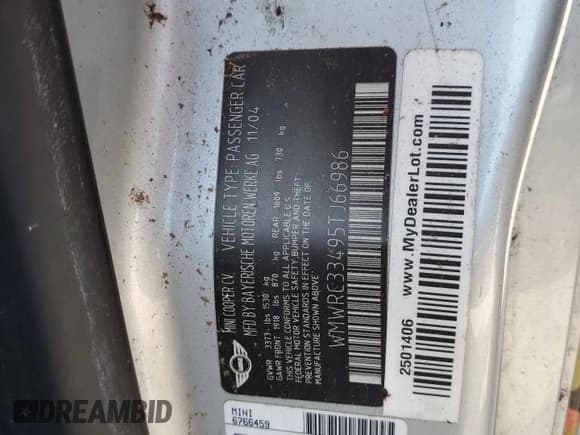 ✅ 2005 MINI Hardtop • VIN: WMWRC33495TJ66986 • Лот: 61852735. Опубликован ранее на Copart с пробегом Не указан. Бесплатный доступ к архиву аукционных продаж из США и подробный отчёт об истории автомобиля на DreamBid. Изображение 12.