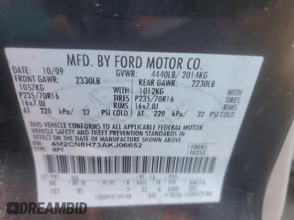 ✅ 2010 Mercury Mariner Premier • VIN: 4M2CN8H73AKJ06652 • Lot: 61690555. Listed on Copart with 202,434 mi. Free auction sales archive from the USA and detailed vehicle history report at DreamBid. Image 13.