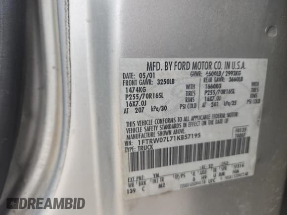 ✅ 2001 Ford F-150 XLT • VIN: 1FTRW07L71KB57195 • Лот: 89805805. Опубликован ранее на Copart с пробегом 287 356 миль. Бесплатный доступ к архиву аукционных продаж из США и подробный отчёт об истории автомобиля на DreamBid. Изображение 12.