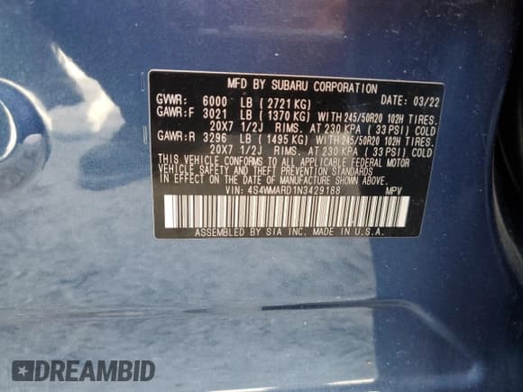 ✅ 2022 Subaru Ascent Touring • VIN: 4S4WMARD1N3429188 • Lot: 63063145. Listed on Copart with 47,880 mi. Free auction sales archive from the USA and detailed vehicle history report at DreamBid. Image 14.