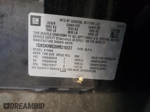 ✅ 2017 Chevrolet Suburban LT • VIN: 1GNSKHKC6HR218337 • Lot: 70607694. Listed on Copart with Not provided. Free auction sales archive from the USA and detailed vehicle history report at DreamBid. Image 13.