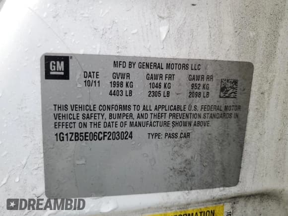 ✅ 2012 Chevrolet Malibu 1LS • VIN: 1G1ZB5E06CF203024 • Lot: 80666304. Listed on Copart with 69,447 mi. Free auction sales archive from the USA and detailed vehicle history report at DreamBid. Image 13.