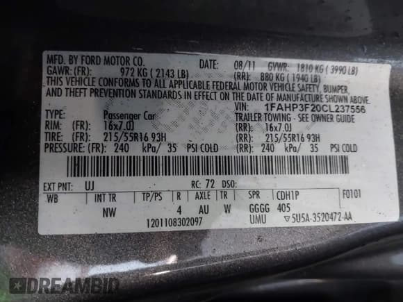 ✅ 2012 Ford Focus SE • VIN: 1FAHP3F20CL237556 • Lot: 42444447. Listed on IAAI with 141,639 mi. Free auction sales archive from the USA and detailed vehicle history report at DreamBid. Image 9.